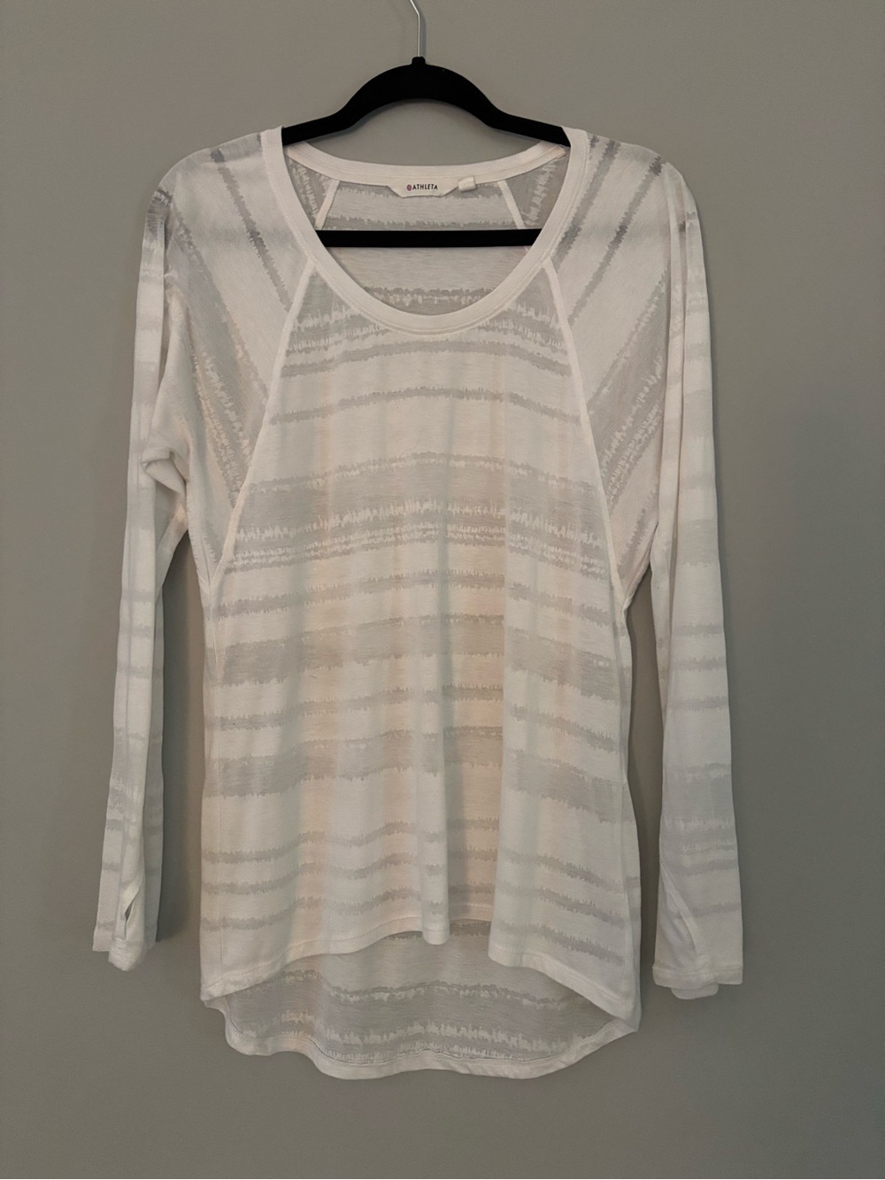 Athleta Burn-Out Tonal White Stripe Tee with Thumbholes & High/Low hem $68 - Med